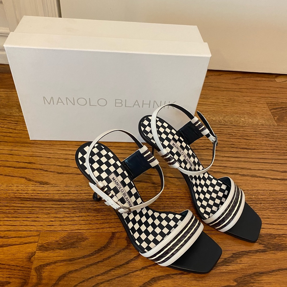 Manolo Blahnik Women’s Navy White Snake Sandals Shoes 90 mm Heels Sz 40 Eu 10 US